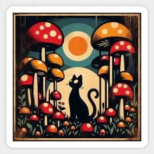 Funny Vintage Black Cat in Mushroom Garden Sticker